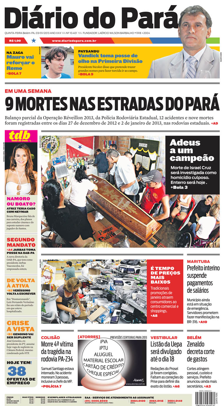 Capa do DIÁRIO, edição de quinta-feira, 03